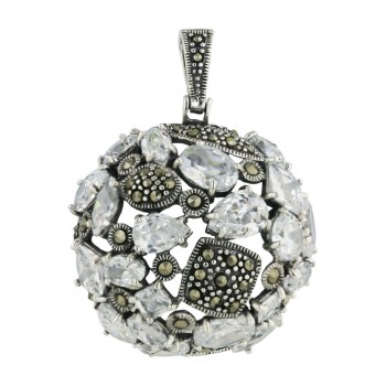 Marcasite Pendant 32mm Clear Cubic Zirconia Round with Tear Drop+Rhombus+Marquis+