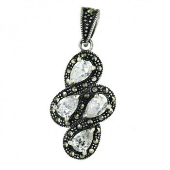 Marcasite Pendant 6X4mm 4 Clear Cubic Zirconia Tear Drop with Oxidized Rope Figur