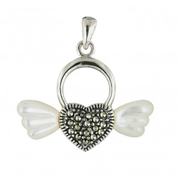 Marcasite Pendant White Mother of Pearl Side Heart with Pave Marcasite Ctr Heart