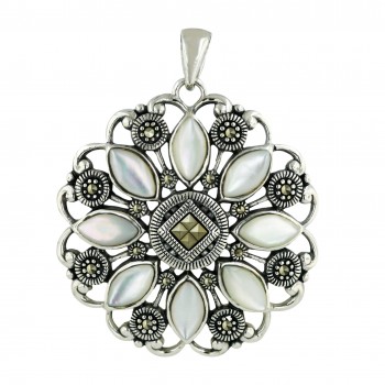 Marcasite Pendant 33X33mm 8 White Mother of Pearl Marquis Flower Petals Square