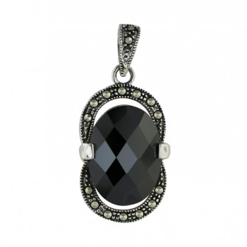 Marcasite Pendant 16X12mm Black Cubic Zirconia Oval Chess Cut with Pave Marcasite Aro