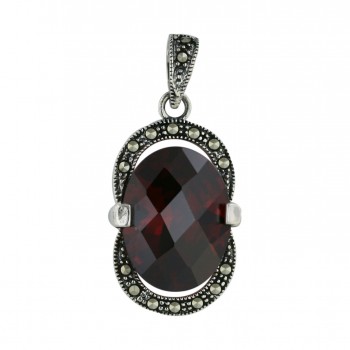 Marcasite Pendant 16X12mm Garnet Cubic Zirconia Oval Chess Cut with Pave Marcasite Aro