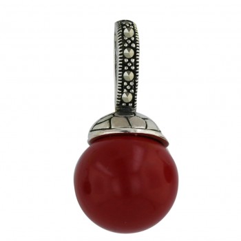 Marcasite Pendant 14mm Rd Coral with Oxidized+Pave Marcasite Top