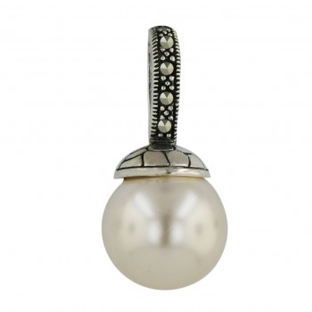 Marcasite Pendant 14mm White Faux Pearl with Oxidized+Pave Marcasite T