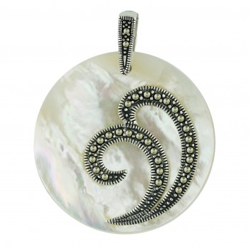Marcasite Pendant 38X38mm White Mother of Pearl Round with Pave Marcasite Double S
