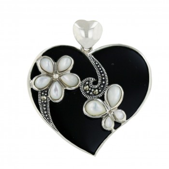 Marcasite Pendant 34X31mm Onyx Heart with White Mother of Pearl Flower+Butter