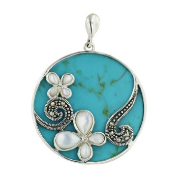 Marcasite Pendant 34mm Reconstruct Turquoise Flatbase Round with White M