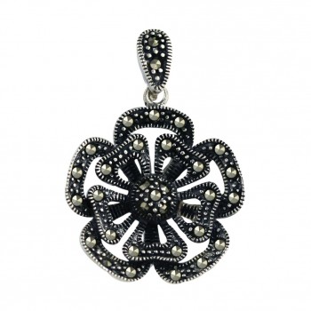 Marcasite Pendant Open Pave Marcasite Flower with Twisted Oxidized Rope