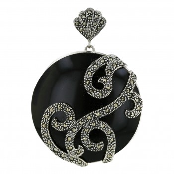 Marcasite Pendant 44X44mm Onyx Round Cabochon with Pave Marcasite Swir