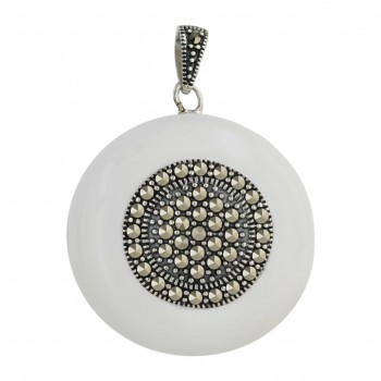 Marcasite Pendant 33X33mm Wh Enamel Round with Pave Marcasite Ctr