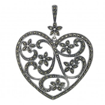 Marcasite Pendant 55X43mm Open Pave Marcasite Heart with Flwrs