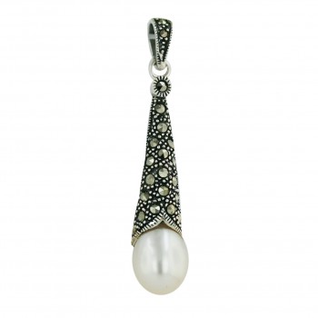 Marcasite Pendant 14X9mm White Fresh Water Pearl with Pave Marcasite Dangling Top