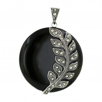 Marcasite Pendant 39X39mm Onyx Round with Pave Marcasite Flower Right Si