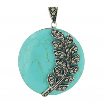 Marcasite Pendant 39X39mm Synthetic Turquoise Round with Pave Marcasite Flower Right
