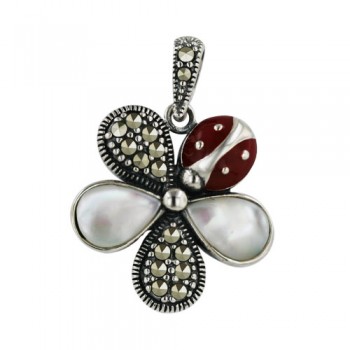Sterling Silver Pendant 2 White Mother of Pearl+2 Marcasite Petals Flower with Red Epoxy#