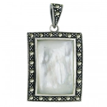 Marcasite Pendant 27X23mm White Mother of Pearl Rectangular with Pave Marcasite Around B