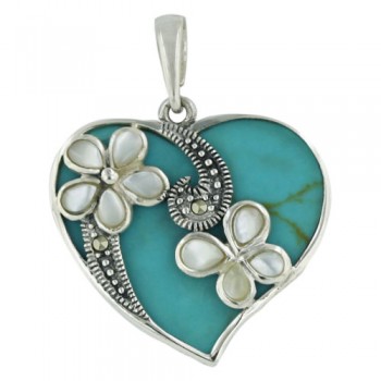 Marcasite Pendant Width 25mm Reconstructed Turquoise Heart with White