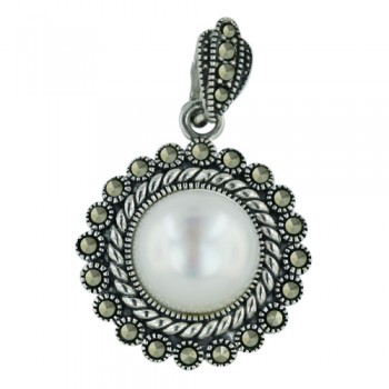 Marcasite Pendant 12mm White Freshwater Pearl with Rope+Marcasite B