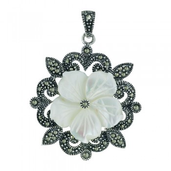 Marcasite Pendant White Mother of Pearl Flower with Marcasite Around