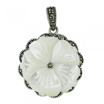 Marcasite Pendant White Mother of Pearl Flower