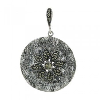 Marcasite Pendant Round Texture Dome with Marcasite Flower Top