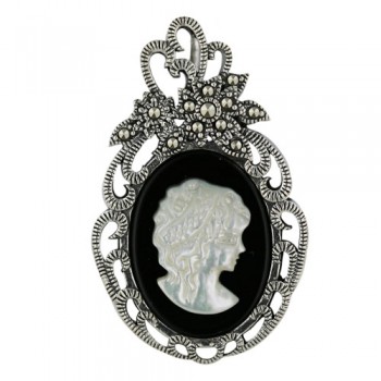 Marcasite Pendant 37X23mm White Mother of Pearl Lady Cameo with Onyx Oval+P
