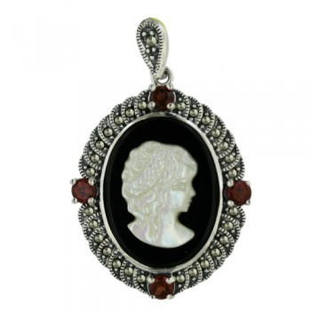 Marcasite Pendant 29X24mm White Mother of Pearl Cameo with Onyx Oval+4 Pcs