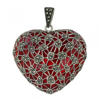 Marcasite Pendant 43X48mm Red Transparent Epoxy Puffy Heart