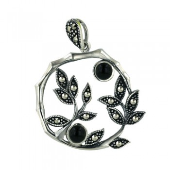 Marcasite Pendant 25X25mm Onyx with Pave Marcasite Leaves Open Round