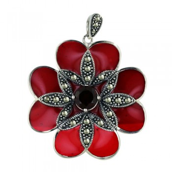 Marcasite Pendant 37X34mm Red Transparent Epoxy Flower with Pave