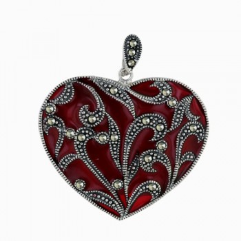 Marcasite Pendant 30X35mm Red Transparent Epoxy Heart with Pave