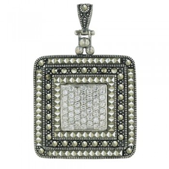 Marcasite Pendant Pave Marcasite Cushion with Clear Cubic Zirconia--Rhodium Plating/Nickle Free--