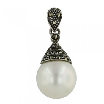 Marcasite Pendant White Mother of Pearl Pearl with Pave Marcasite Tear Drop Top