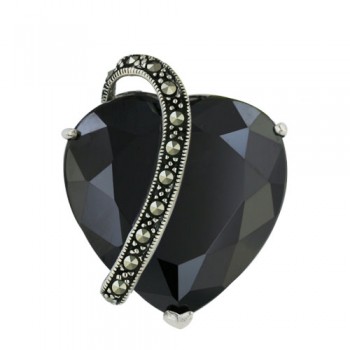 Marcasite Pendant Black Cubic Zirconia Heart with Bypass Pave Marcasite Line