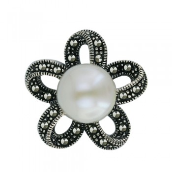 Marcasite Pendant Flower with Fresh Water Pearl 10mm Center
