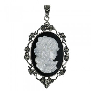 Marcasite Pendant 30-45mm Oval Shape with Lady Cameo