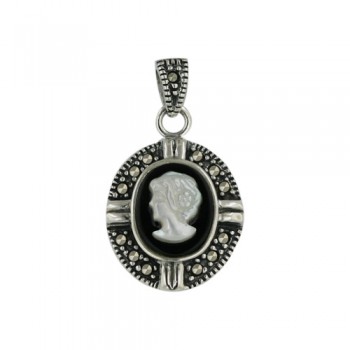 Marcasite Pendant Cameo of Woman with Mother of Pearl/Onyx