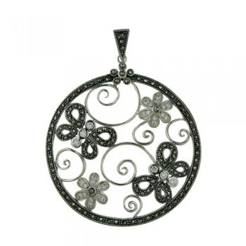 Marcasite Round Pendant with 2 Flowers/ 2 Butterflies with