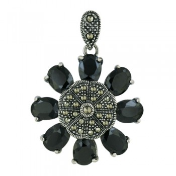 Marcasite Pendant Flower Shape with Black Cubic Zirconia Petals 8mm/6
