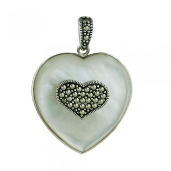 Sterling Silver Pendant Heart Mother of Pearl with Marcasite in Center and Ba