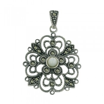 Marcasite Pendant 25-25mm Filigree with White Mother of Pearl Center