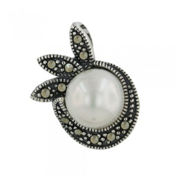 Marcasite Pendant 10mm White Shell Pearl Arounded Marcasite Pave 3