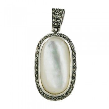 Marcasite Pendant 25X14mm Mother of Pearl Oval Dome on Marc. Bezel