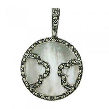 Marcasite Pendant 30mm Flat Round Mother of Pearl Center with Marcasi