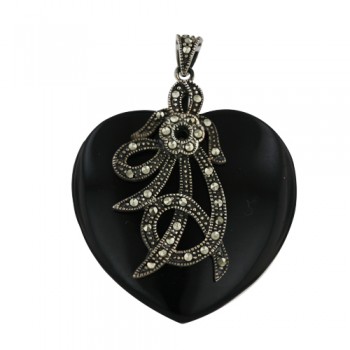Marcasite Pendant Onyx Heart with Marc. Ribbon+Flower