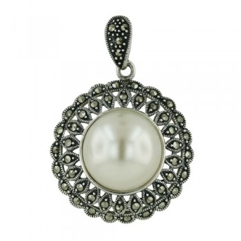 Marcasite Pendant 16mm Pearl Marquis Pattern Around