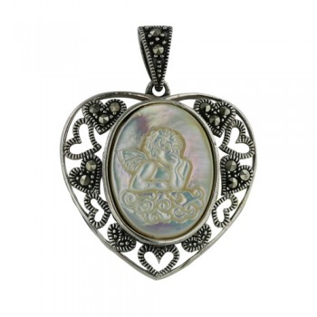 Marcasite Pendant Heart Mother of Pearl Angel Cameo Center