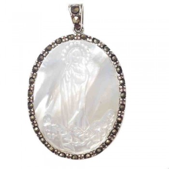 Marcasite Pendant 39-26mm Oval Mother of Pearl Cameo Maria with Marcasite Ard-Rhodium Plating