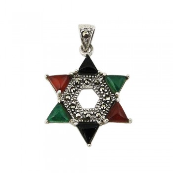 MARCASITE PENDANT JEWISH STAR WITH MUTIL-COLOR STONES