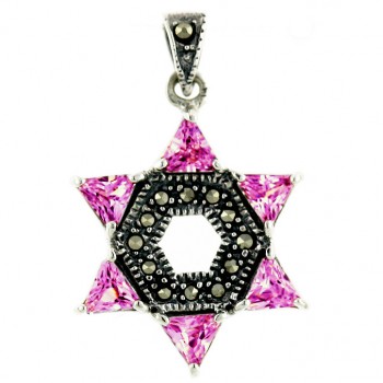 Marcasite Pendant Jewish Star Pink Cubic Zirconia